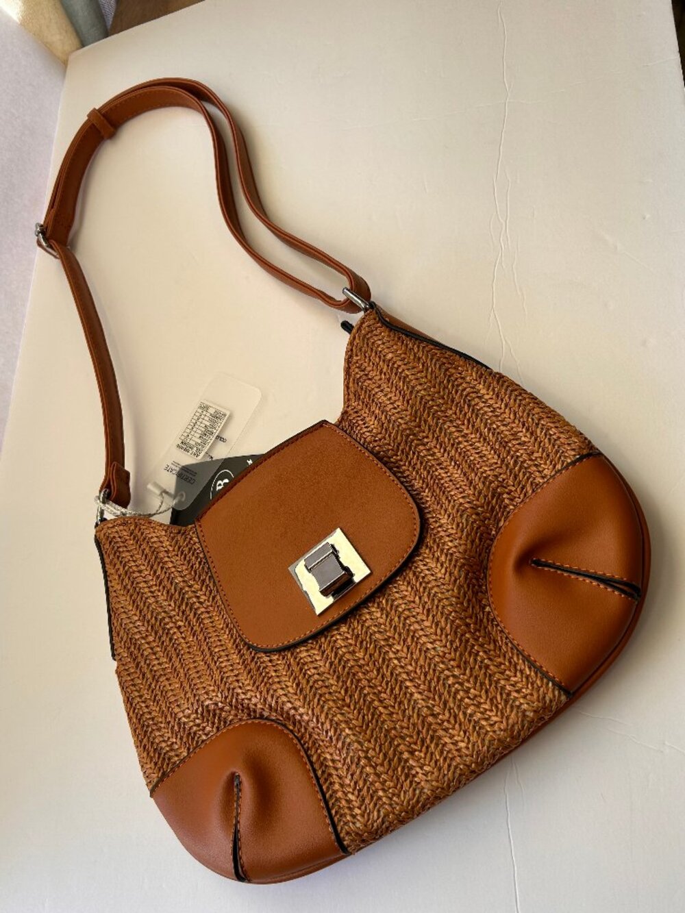 Gigi Bags Straw Woven Hobo Bag Brown Faux Leather Trim Summer Shoulder Bag NWT